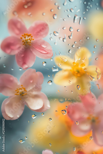 pastel flowers behind glass with spring vibes and water droplets