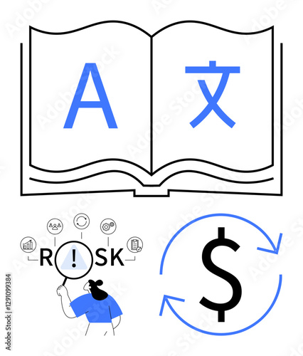 Open book with multilingual symbols, magnifying glass over risk highlighting analysis, currency with arrows illustrating financial flow. Ideal for education, translation, finance, economics, risk
