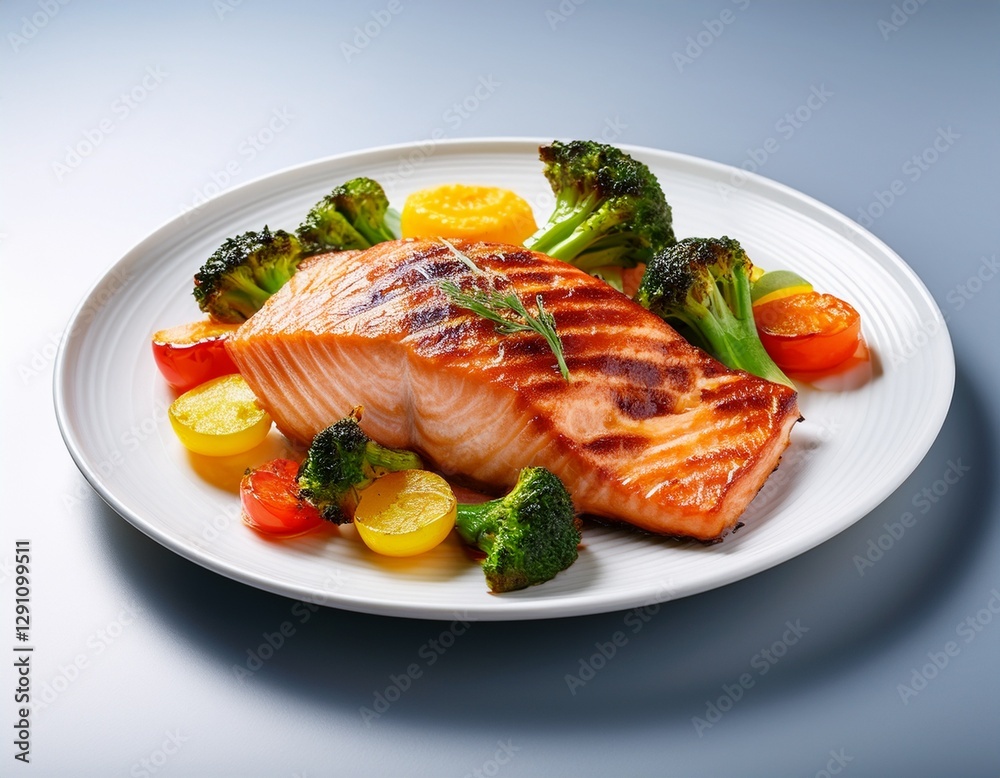 Fotografía de estudio profesional de salmón a la parrilla con vegetales, Fondo blanco, estilo ultrarrealista, realista, 4k Fotografía de estudio profesional de salmón a la parrilla con vegetales, Fondo blanco, estilo ultrarrealista, realista, 4k