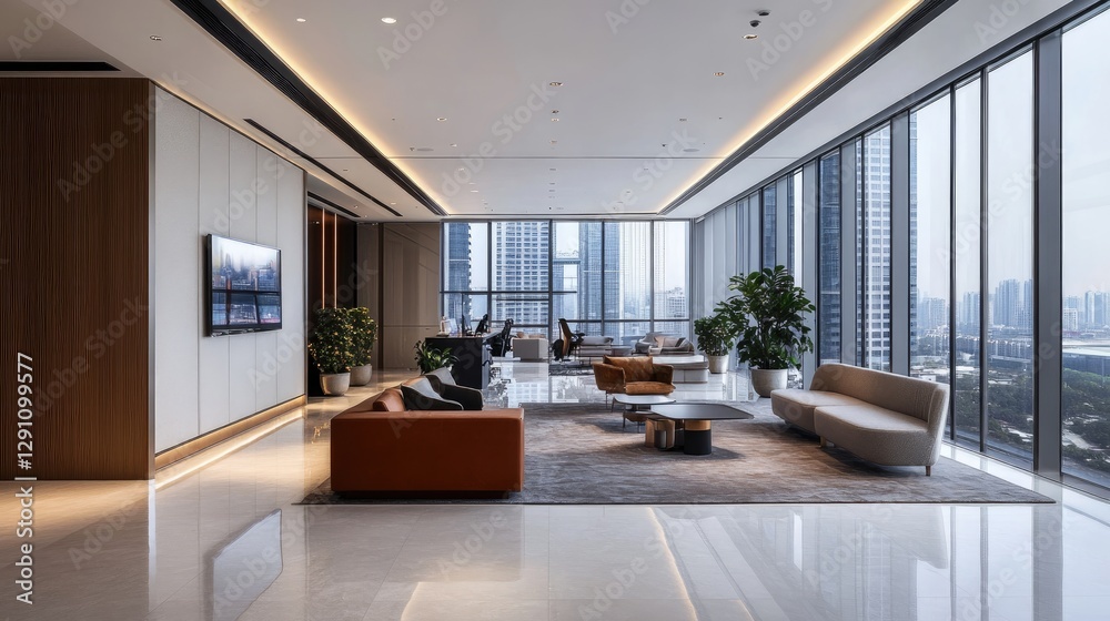 Fototapeta premium Spacious high-rise office with an open floor plan, large windows, and sleek furniture illuminated by natural daylight.