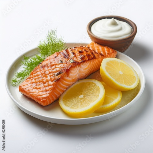 Fotografía de estudio profesional de salmón a la parrilla con dos gajos de limon y un cuenco con mayonesa, Fondo blanco, estilo ultrarrealista, realista, 4k
