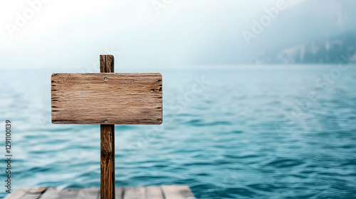 Rustic wooden signpost on a dock with a blurred blue ocean in the background provides space for customizable messages, ideal for travel and beach themes. Selective focus