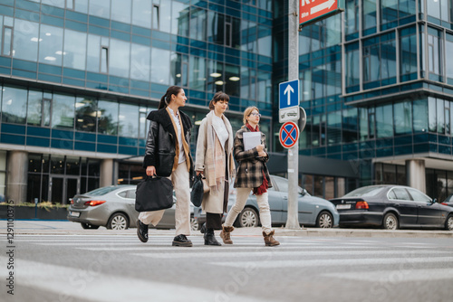 Wallpaper Mural Three confident businesswomen walk across a street in an urban area, with modern glass buildings in the background. They appear professional and focused, showcasing teamwork, confidence, and the Torontodigital.ca