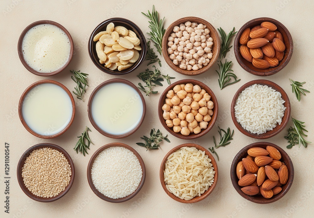 Assortment of Various Raw Ingredients in Bowls Including Nuts, Grains, and Dairy Products on a Light Background Ideal for Culinary Creations and Recipes Assortment of Various Raw Ingredients in Bowls Including Nuts, Grains, and Dairy Products on a Light Background Ideal for Culinary Creations and Recipes