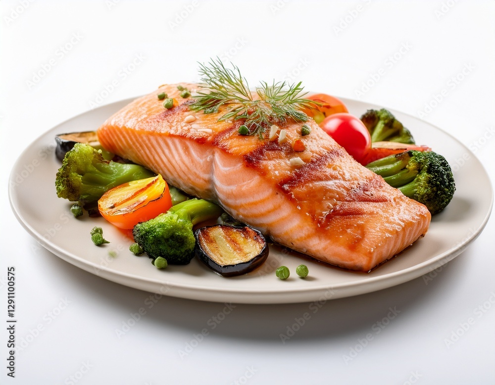 Fotografía de estudio profesional de salmón a la parrilla con vegetales, Fondo blanco, estilo ultrarrealista, realista, 4k Fotografía de estudio profesional de salmón a la parrilla con vegetales, Fondo blanco, estilo ultrarrealista, realista, 4k