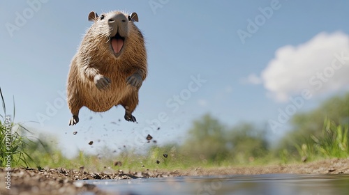 Capybara leaping joyfully at zoo nature adventure animal