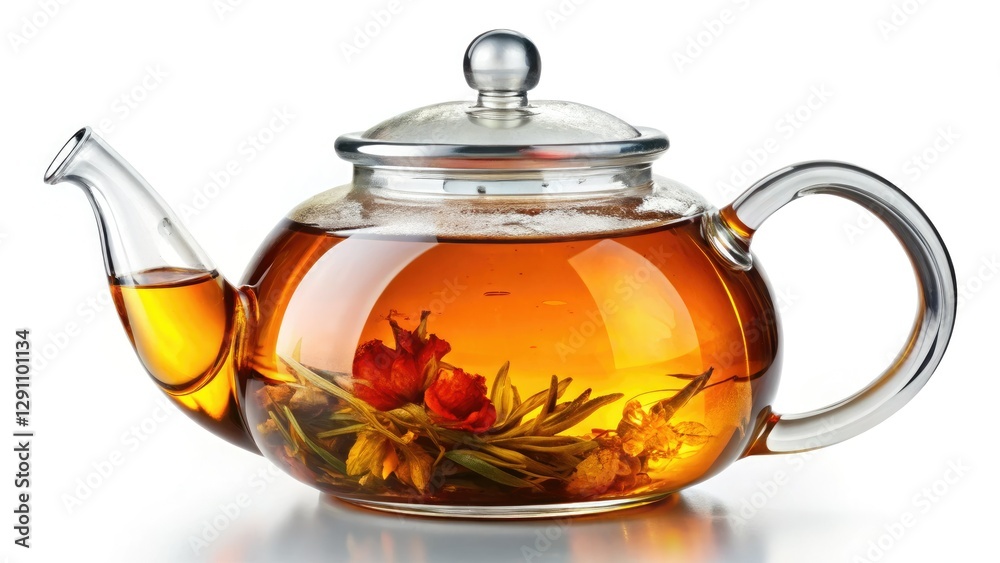High-angle, front view of a glass teapot brewing tea, isolated on a pure white background. Studio photography with clipping path. High-angle, front view of a glass teapot brewing tea, isolated on a pure white background. Studio photography with clipping path.