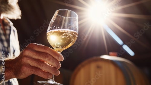 Swirling a glass of persimmon wine in a dim cellar, showcasing the unique color and texture of natural wine