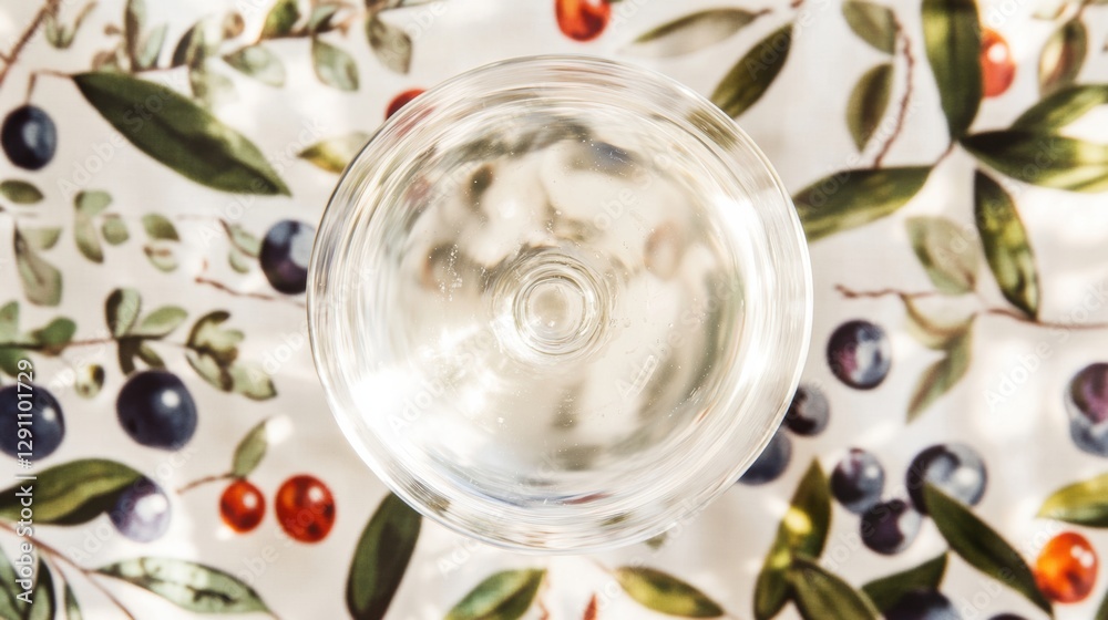 Top view of a cloudy sparkling natural wine glass showcasing delicate bubbles and artisanal vineyard label on an elegant patterned tablecloth Top view of a cloudy sparkling natural wine glass showcasing delicate bubbles and artisanal vineyard label on an elegant patterned tablecloth