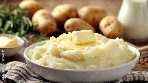 A serving of creamy mashed potatoes with melted butter