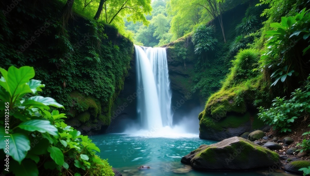 Obraz premium Hidden Lombok waterfall cascades through lush jungle, Indonesia, serenity