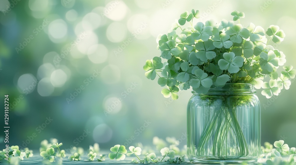 Fototapeta premium Serene Greenery: A Beautiful Arrangement of Shamrocks in a Glass Jar with Soft Natural Background