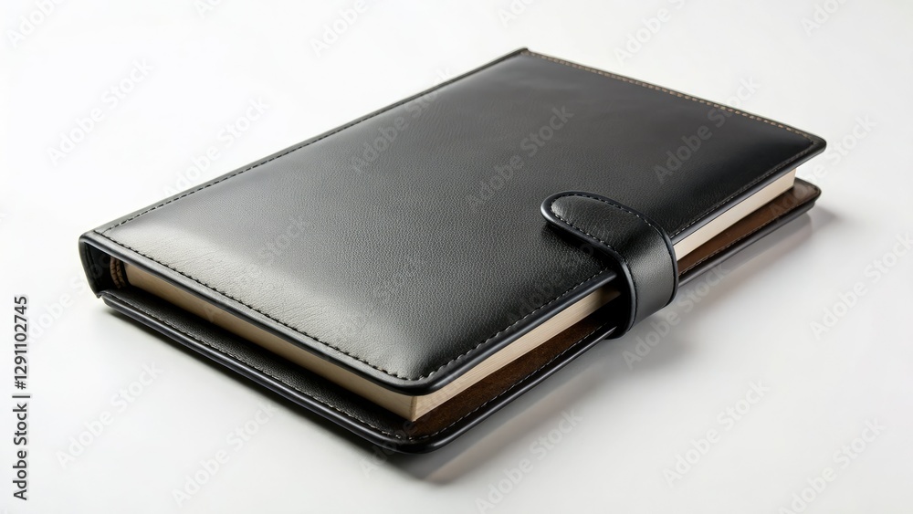 Minimalist black leather notebook case. White background, sharp studio photography highlights its design. Minimalist black leather notebook case. White background, sharp studio photography highlights its design.