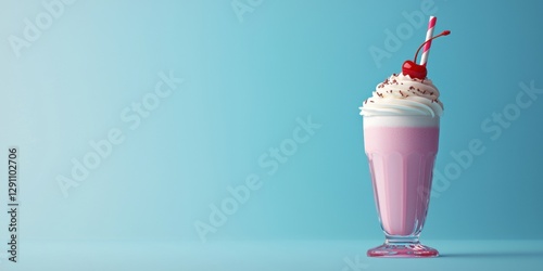 Floating thick milkshake with cherry on top and straw on a classic soda shop blue background 3D background minimalistic mockup with space for text