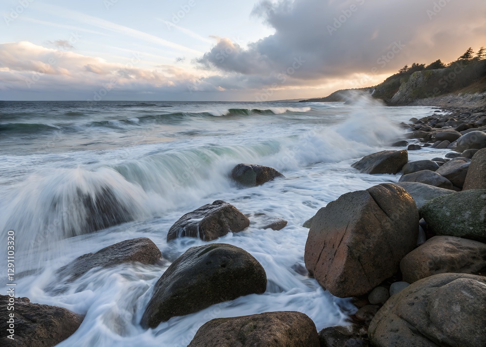 A long exposure photo of waves crashing on a rocky shore A long exposure photo of waves crashing on a rocky shore