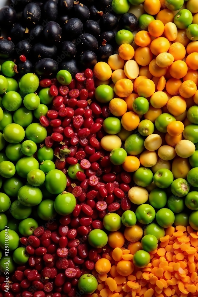 Close-up of a seamless background of assorted legumes including black beans, green peas, and red lentils, pulses, organic, legume family Close-up of a seamless background of assorted legumes including black beans, green peas, and red lentils, pulses, organic, legume family