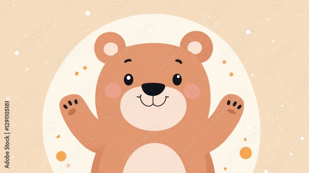 Obraz premium Cute cartoon bear with cheerful expression and raised paws, set against a soft golden background with gentle abstract elements