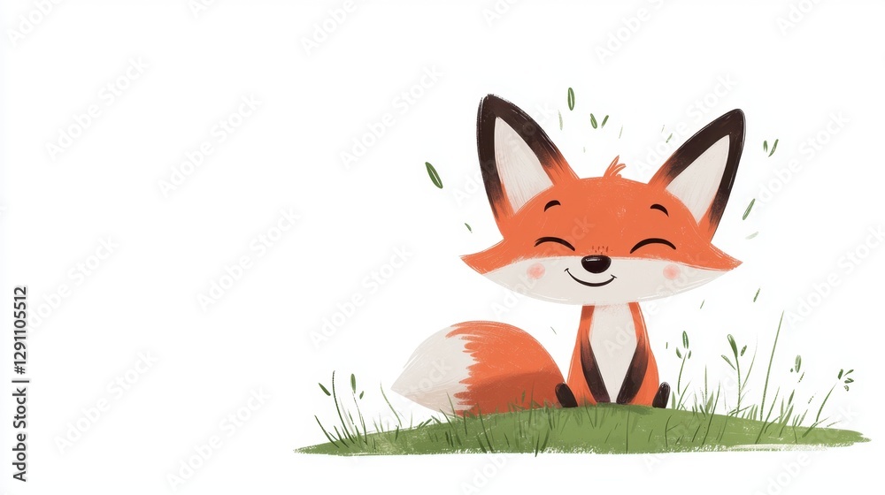 Cheerful Cartoon Fox Sitting in Grass with Bright Smile and Playful Expression, Ideal for Children's Illustrations and Nature-Themed Designs Cheerful Cartoon Fox Sitting in Grass with Bright Smile and Playful Expression, Ideal for Children's Illustrations and Nature-Themed Designs