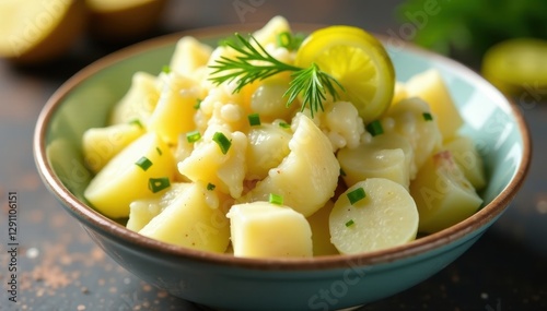 Classic creamy potato salad with crunchy pickles and bright dill , herbs, delicious