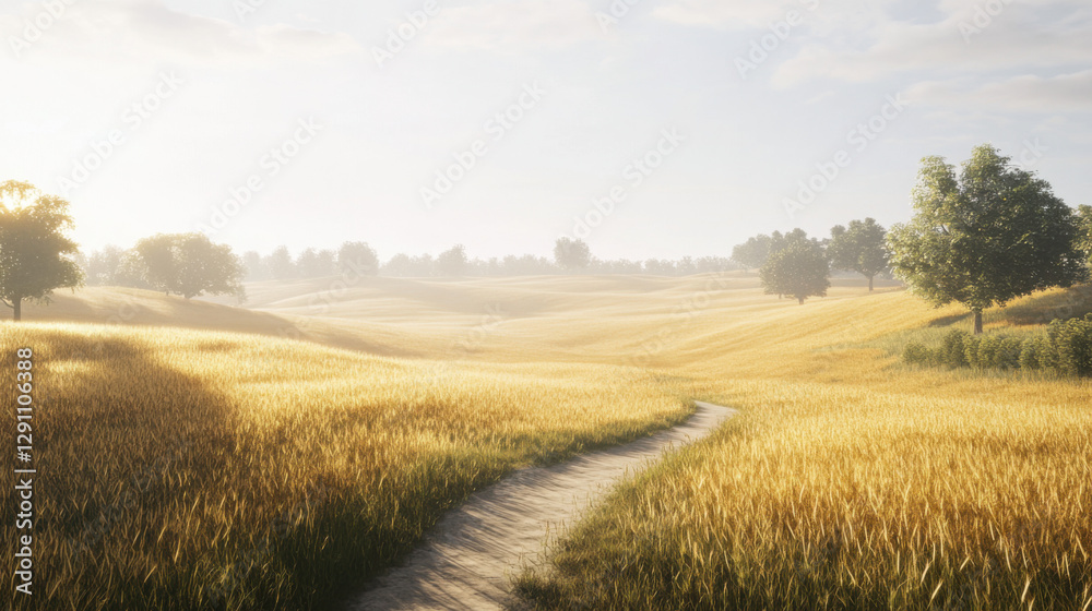 A rolling countryside with golden fields stretching into the horizon A rolling countryside with golden fields stretching into the horizon