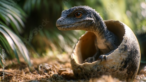 Baby Dinosaur Emerging from Egg Shell in Lush Tropical Setting