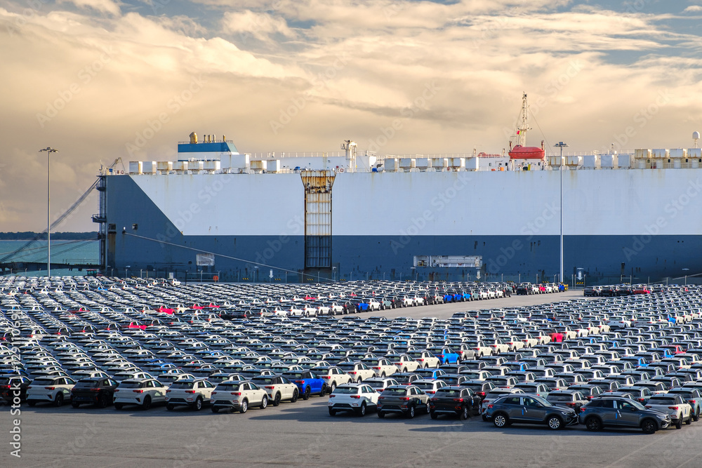 Automobile transport ship or Ro-Ro docked at the port with parked