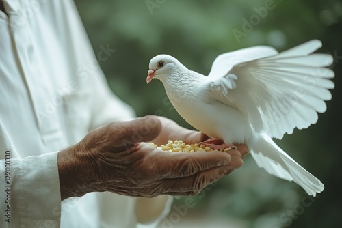 Senior Feeds Dove, Outdoor Scene