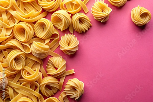 Fototapeta Naklejka Na Ścianę i Meble -  Colorful pasta shapes and textures showcased in close-up culinary photography; a pink background enhances the vibrant hues.