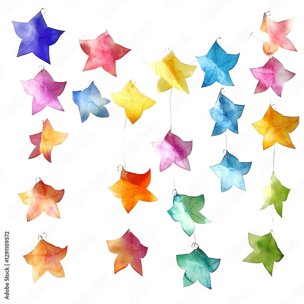 Obraz premium Watercolor splash star garland features vibrant colors and dancing designs adorning a modern wall space, Splash Star Garland Dancing Colors Adorning Your Page
