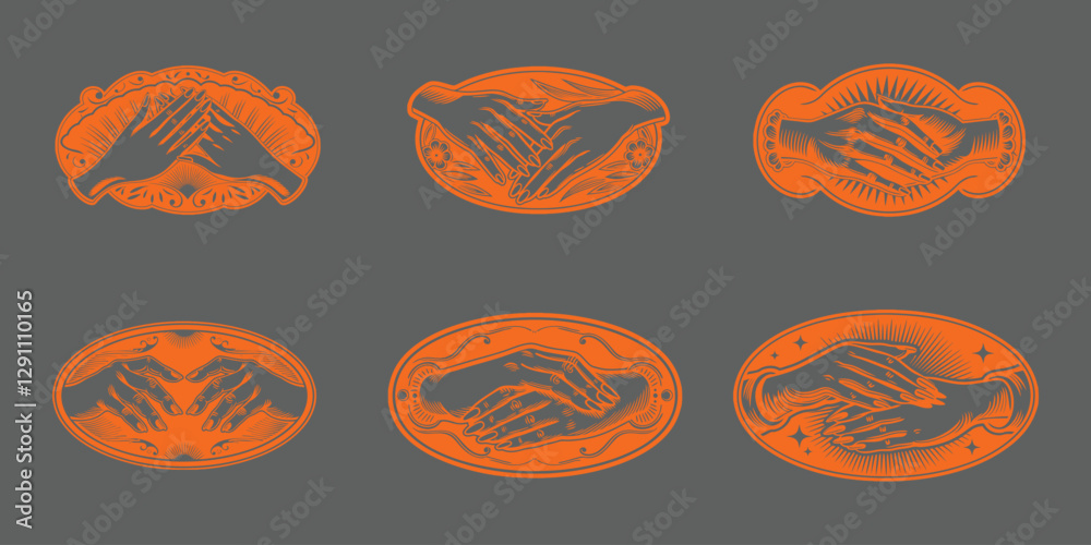A repeating pattern of stylized handshakes depicted within an oval frame A repeating pattern of stylized handshakes depicted within an oval frame