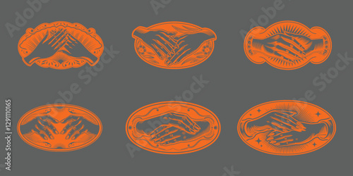 A repeating pattern of stylized handshakes depicted within an oval frame