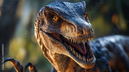 Closeup of a Brown and Gray Raptor Dinosaur Head and Claws