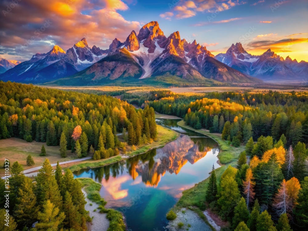 Obraz premium Aerial sunrise captures Teton National Park's Schwabachers Landing; breathtaking mountain vistas.