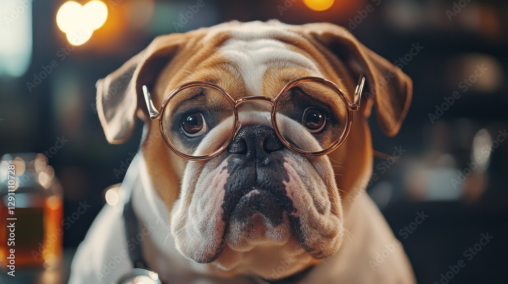A wise bulldog wearing glasses sits in a cozy bar, exuding charm A wise bulldog wearing glasses sits in a cozy bar, exuding charm