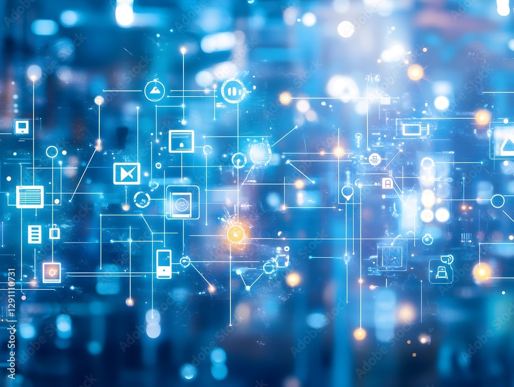 Abstract digital technology background with glowing icons and interconnected lines Abstract digital technology background with glowing icons and interconnected lines