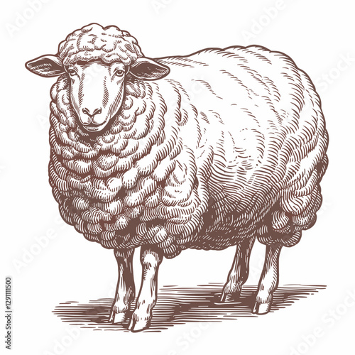 Vintage Engraving of a Fluffy Sheep