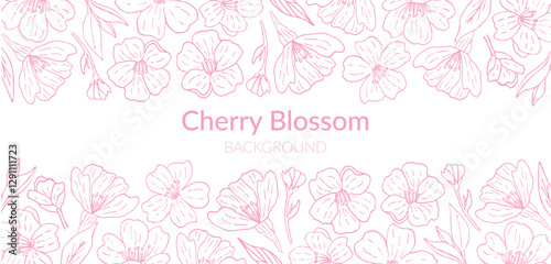 Template for an invitation banner with pink cherry blossoms. The frame is a horizontal border depicting wild roses, cherries, and sakura. A hand-drawn contour illustration in a vector.
