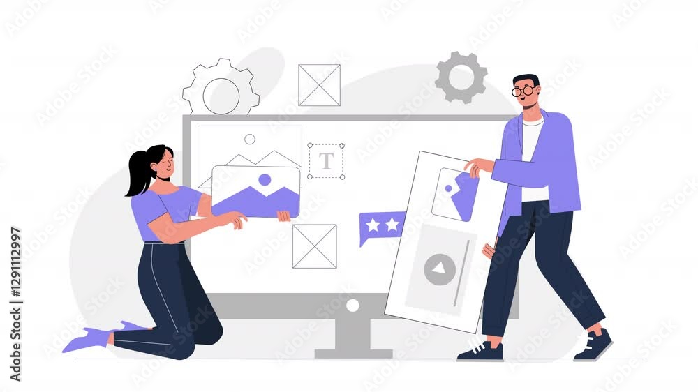 Flat vector scene animation illustrating the UI/UX design process, with ...