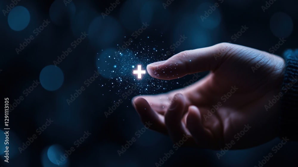 hand holding a glowing plus sign with sparkling particles hand holding a glowing plus sign with sparkling particles