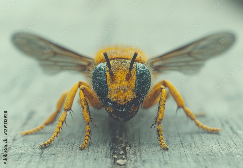 Close-up of a Yellow and Black Insect with Detailed Eyes and Wings on a Wood Surface, Showcasing Nature's Intricate Beauty and Design