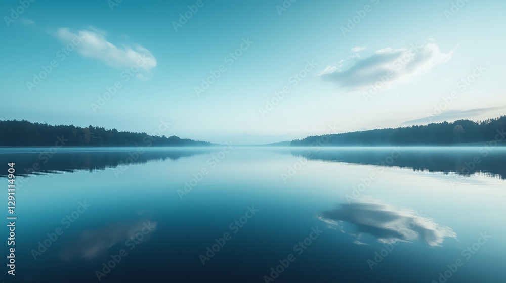 Misty Lake Landscape with Calm Water and Cloud Reflections Misty Lake Landscape with Calm Water and Cloud Reflections