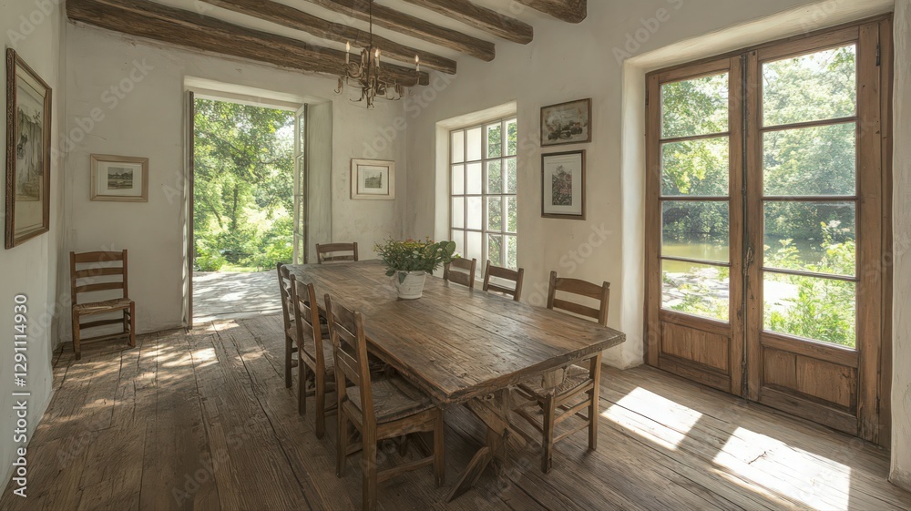 Naklejka premium Sunlit Rustic Dining Room with Wooden Table and Garden View