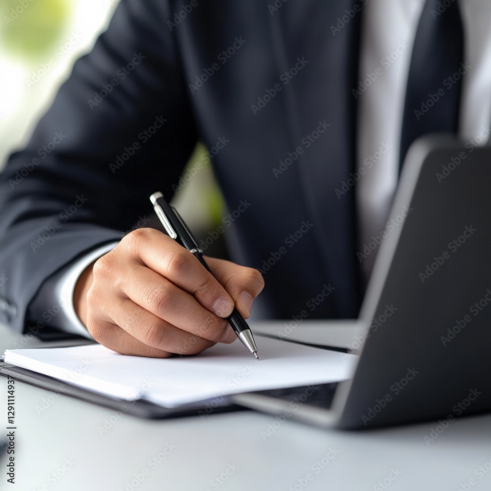 Business Man taking Notes next to Laptop Business Man taking Notes next to Laptop