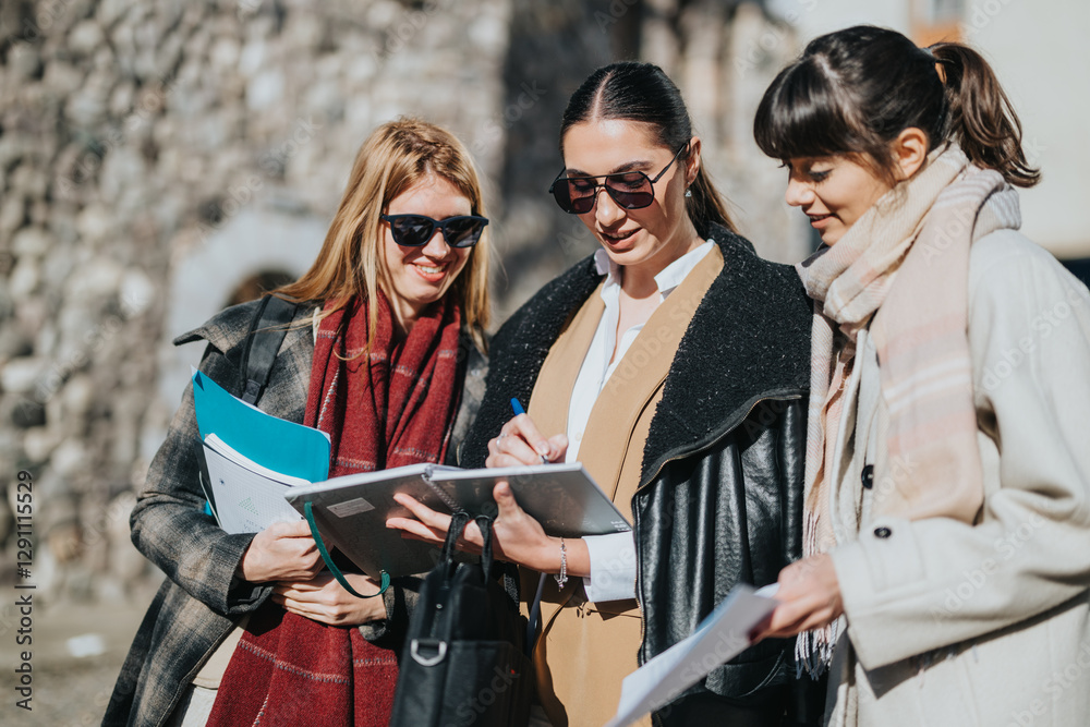 Three professional women review documents and share ideas while standing together outside. Three professional women review documents and share ideas while standing together outside.