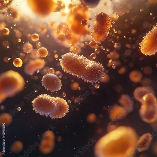 Lifelike 3D depiction of fermentation yeast cell micro bubbling byproduct lab setting soft backlight photorealistic proportion glowing biological process vibrant detail dramatic bokeh effect perfect