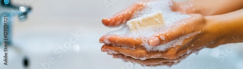 Hands washing with soap, emphasizing hygiene and cleanliness in a modern environment.