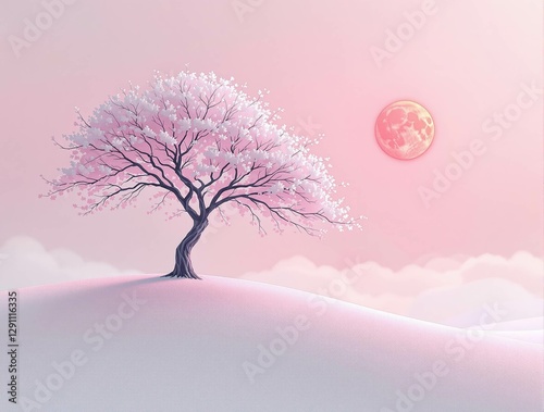 Illustration : Paysage japonais onirique avec cerisier en fleurs et lune rouge sur colline enneigée