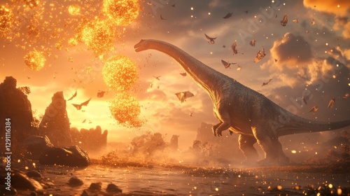 Giant Dinosaur Facing Fiery Volcanic Eruption at Sunset