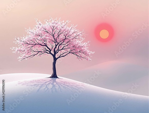 Illustration : Paysage japonais onirique avec cerisier en fleurs et lune rouge sur colline enneigée