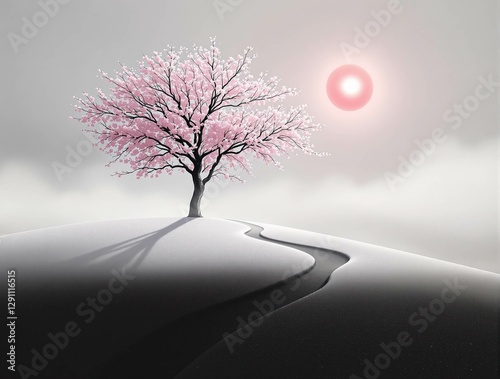 Illustration : Paysage japonais onirique avec cerisier en fleurs et lune rouge sur colline enneigée